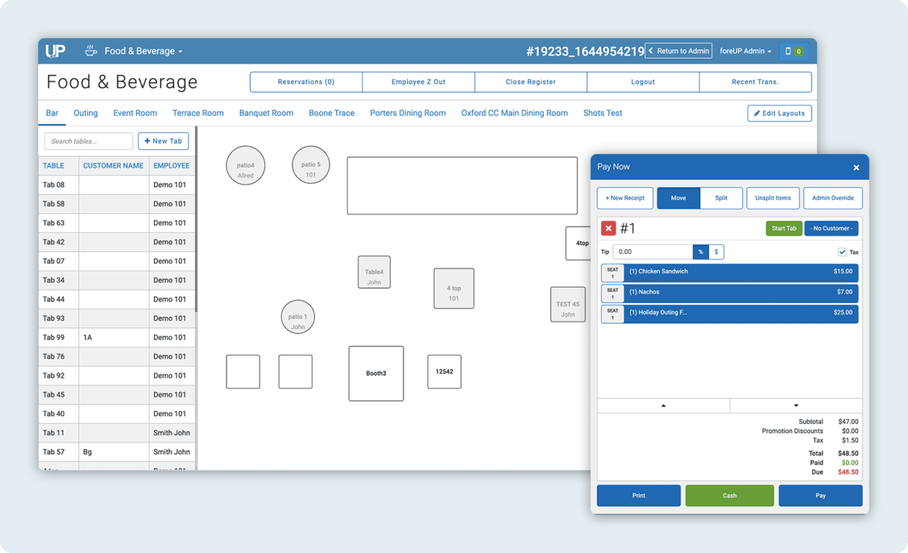 food and beverage software table configuration