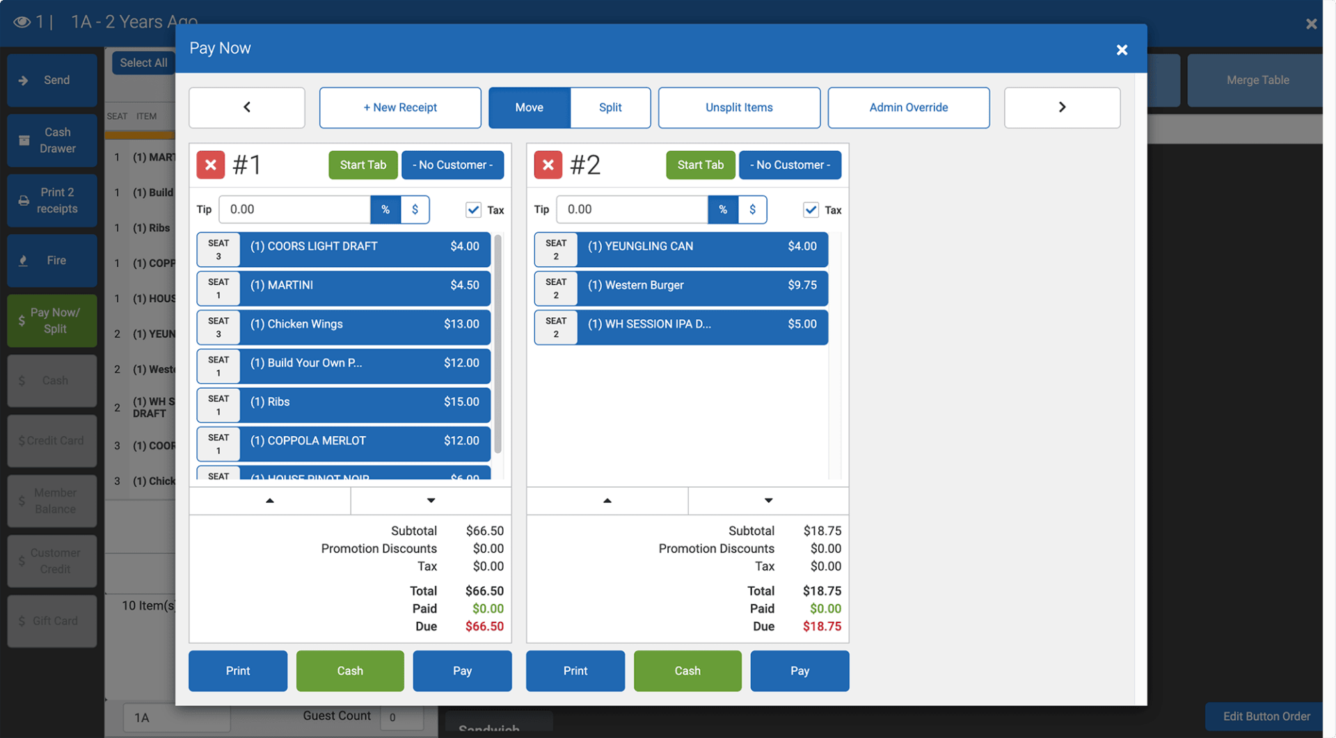 food and beverage software split the check