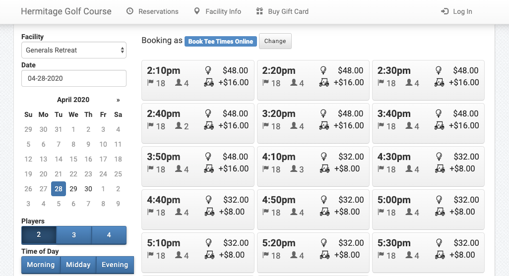 hermitage golf course online booking